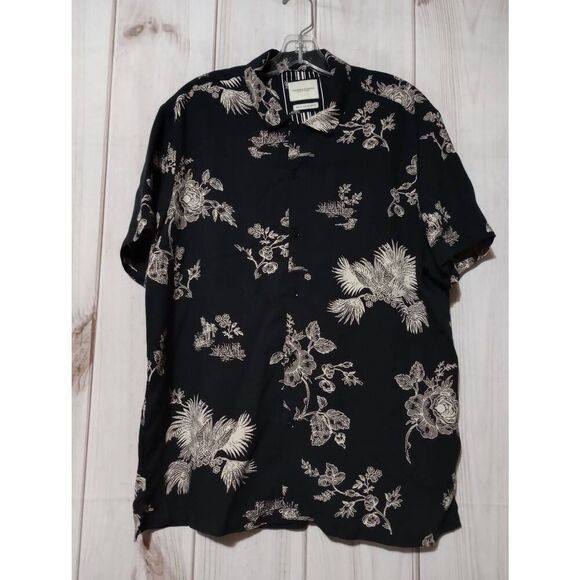 Denim and Flower Shirt Men's Extra Large Button Front Short Sleeve Black Tan Flo - Picture 1 of 7